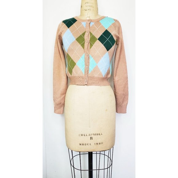 CIDER Womens Argyle Print Knit Crop Cardigan Sweater Jacket Retro S NWT - Picture 2 of 7
